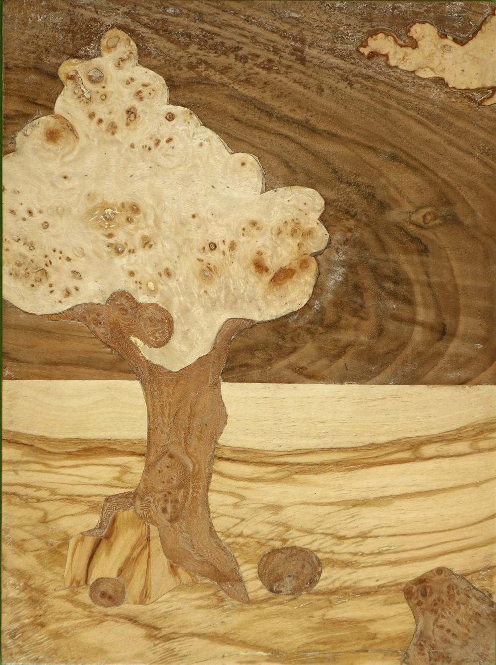Intarsie Holz Furnier Baum mit Gnomen